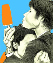 Cillian Murphy<br />      
      "On the Edge" blue background with orange creamcicles