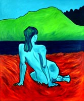 Painting of nude woman sitting in a field of firey colored grass - Elise Tomlinson