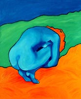 Painting of a blue nude woman in a fetal position - Elise Tomlinson