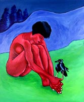 Painting of an Alizarin Crimson colored woman with a black raven - Elise Tomlinson