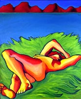 Painting of a nude woman lying in a grassy field in Southeast Alaska - Elise Tomlinson