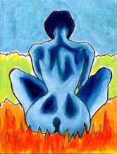 image of a blue woman sitting in a field of oraange