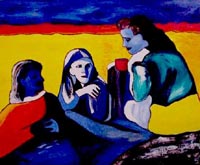 Desert Tea Party - Painting of three women having tea in the desert - Elise Tomlinson