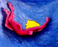 Nuetral Buoyancy  - Painting of an Alizarin Crimson colored nude diving into a blue sea - Elise Tomlinson